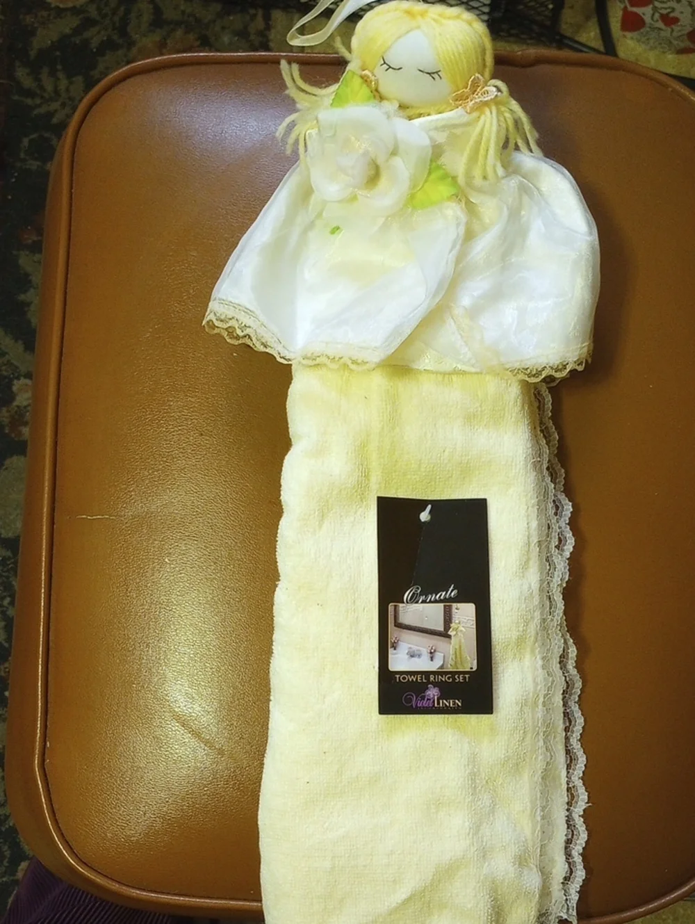 NWT Embroidered Doll Bathroom Ring & Lace Hand Towel Set by Violet Linen